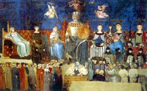 Detalle del fresco donde vemos al Buon Governo en el centro y a las Virtudes Teologales y Cívicas