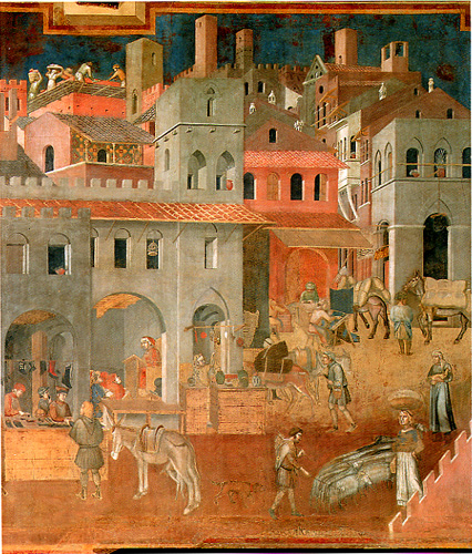 Fantástica visión del entramado de la ciudad medieval con su ajetreada vida comercial, los zapateros a la izquierda y el maestro impartiendo lecciones a su lado