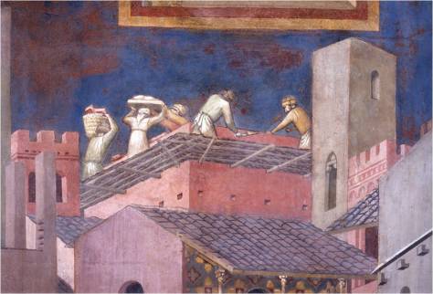 Detalle de la construcción de un palacio en el fresco del Buen Gobierno de Siena