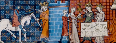 Miniatura representando el grial en una de las historias de Chrétien de Troyes